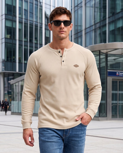 KZZ Men’s Waffle-Knit Henley Long-Sleeve Top