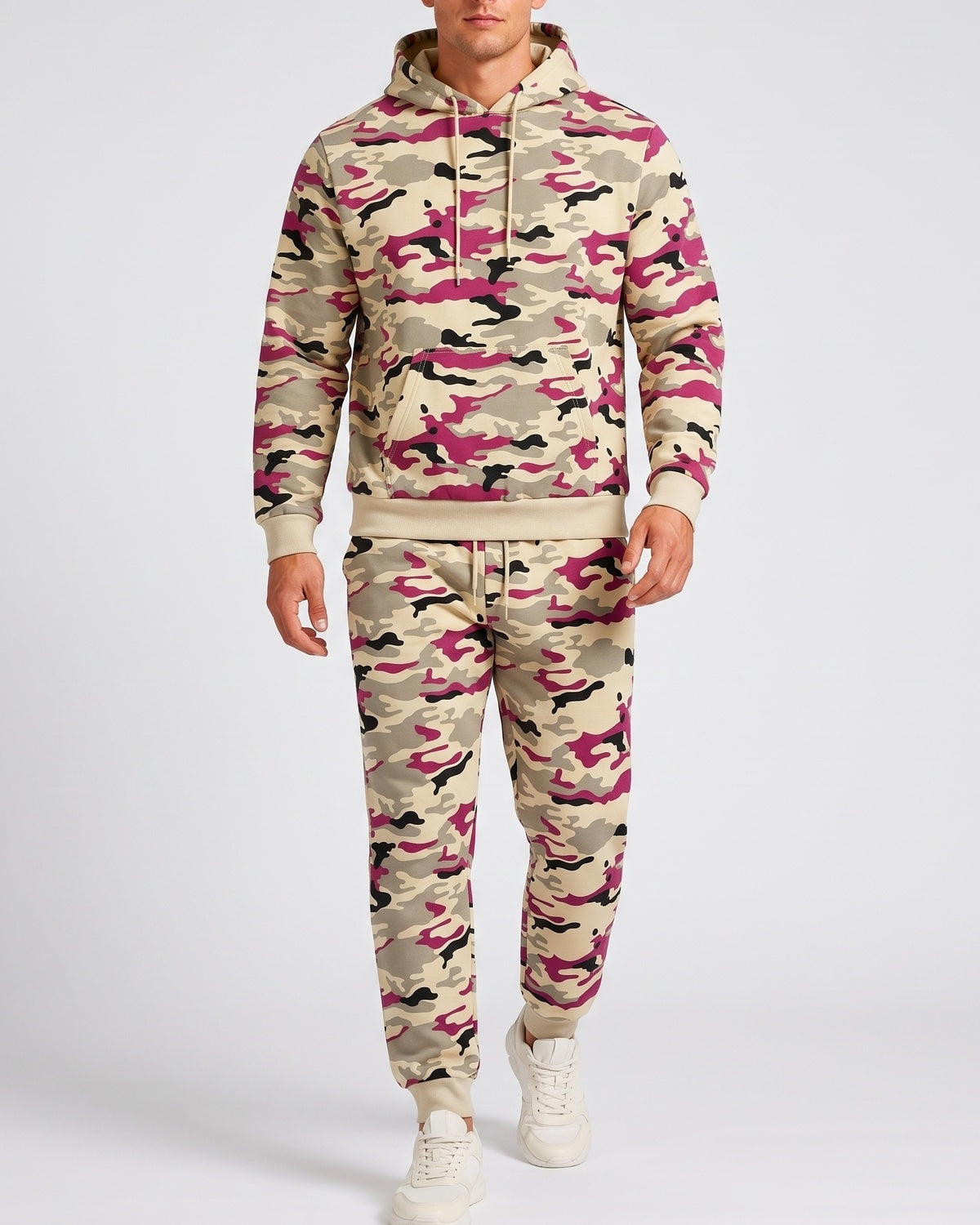 KZZ Men's casual camouflage suit with hood and drawstring design