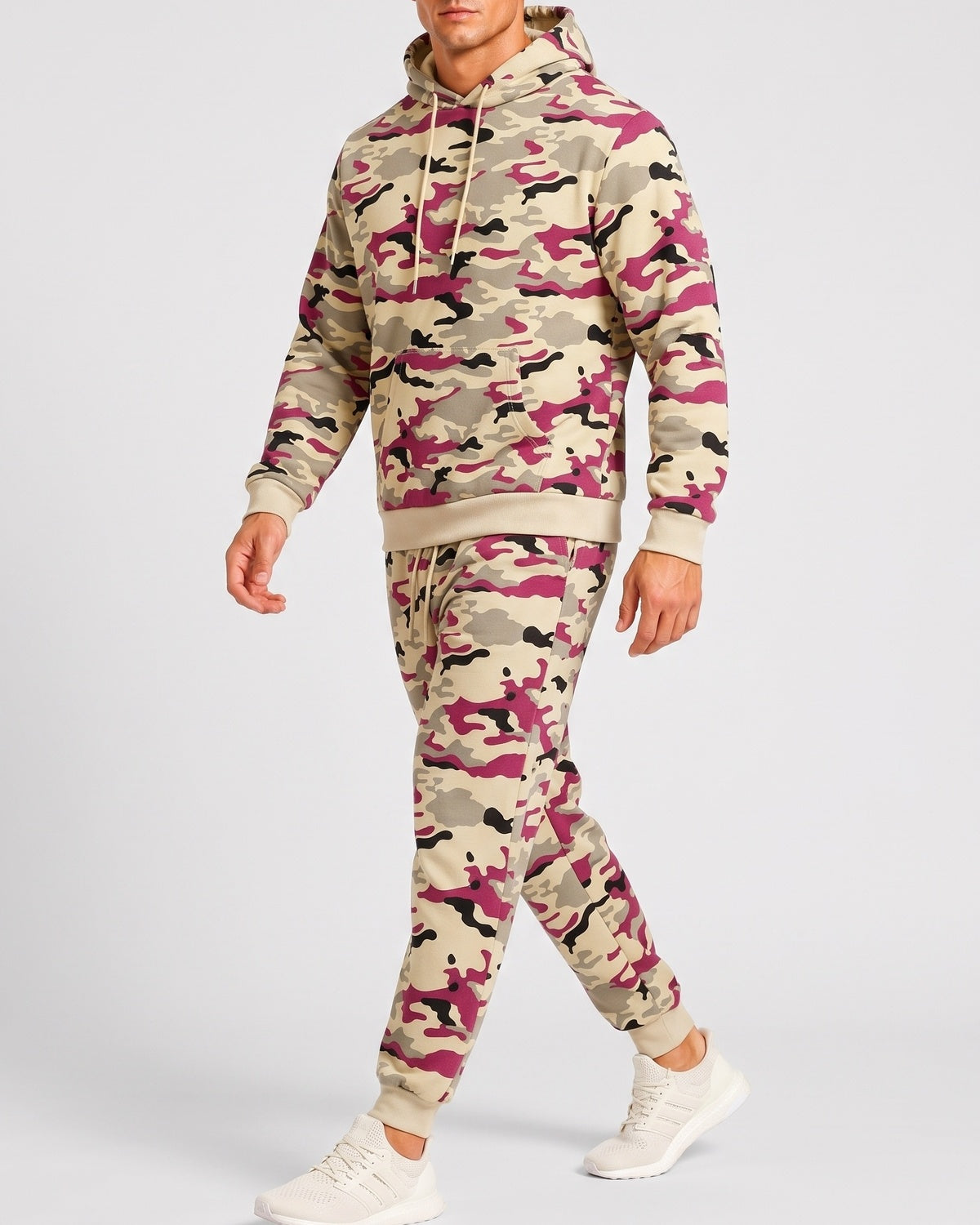 KZZ Men's casual camouflage suit with hood and drawstring design