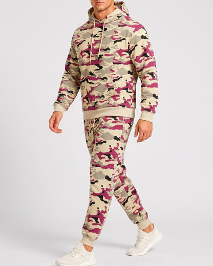 KZZ Men's casual camouflage suit with hood and drawstring design