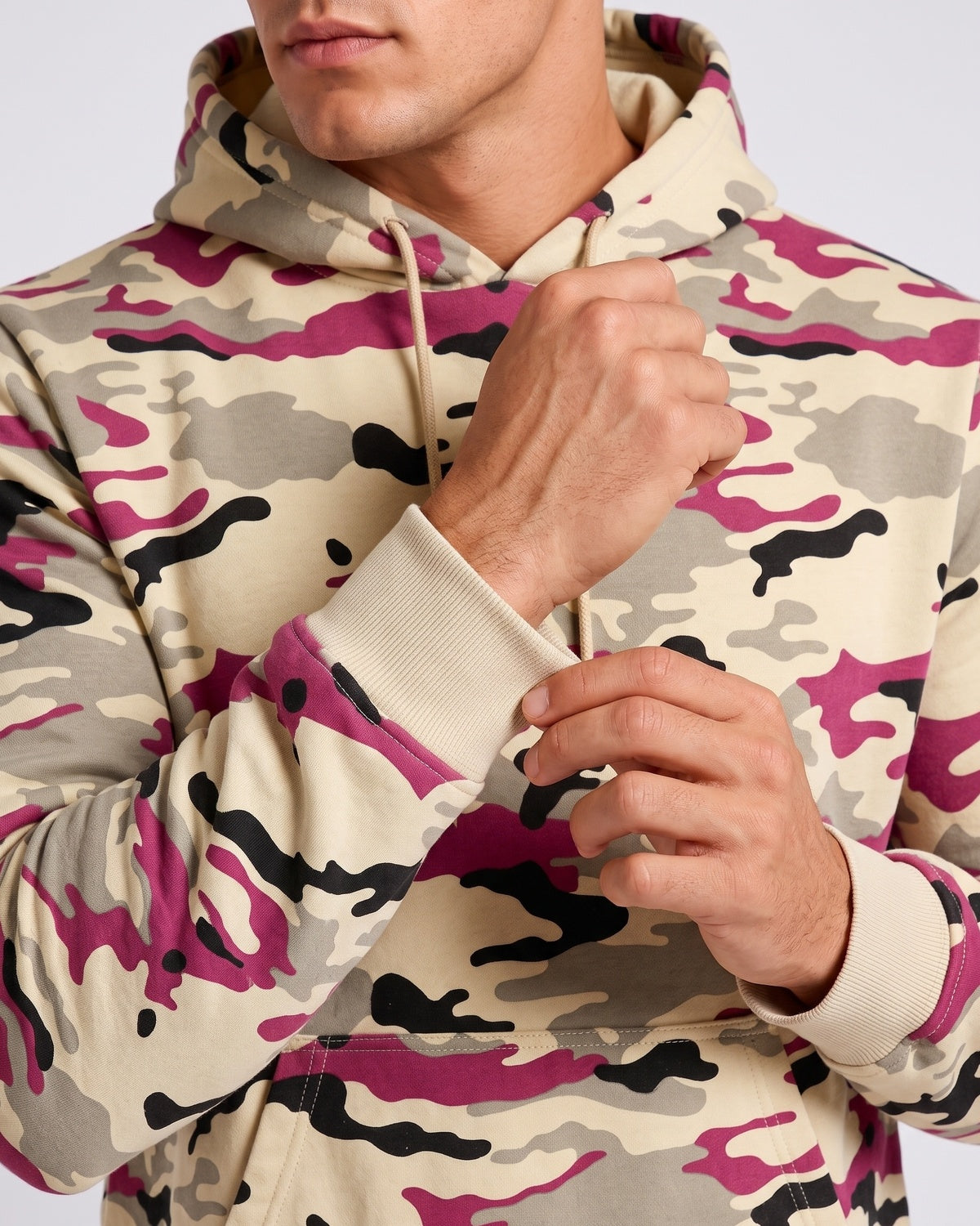 KZZ Men's casual camouflage suit with hood and drawstring design