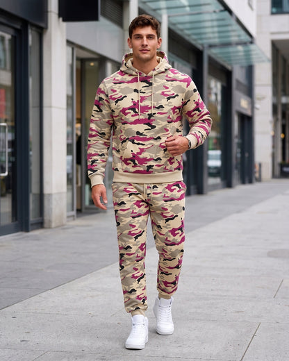 KZZ Men's casual camouflage suit with hood and drawstring design