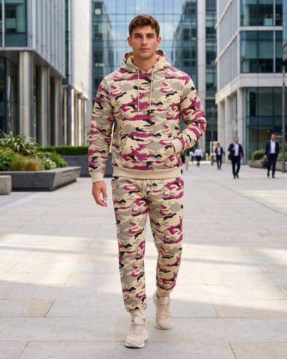 KZZ Men's casual camouflage suit with hood and drawstring design