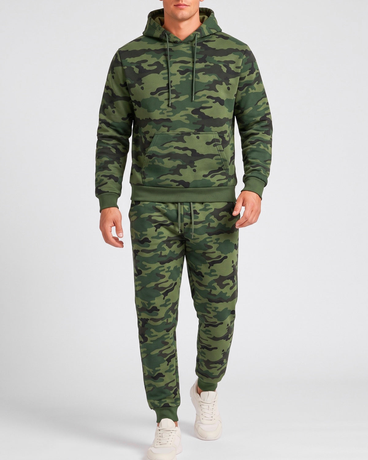 KZZ Men's casual camouflage suit with hood and drawstring design