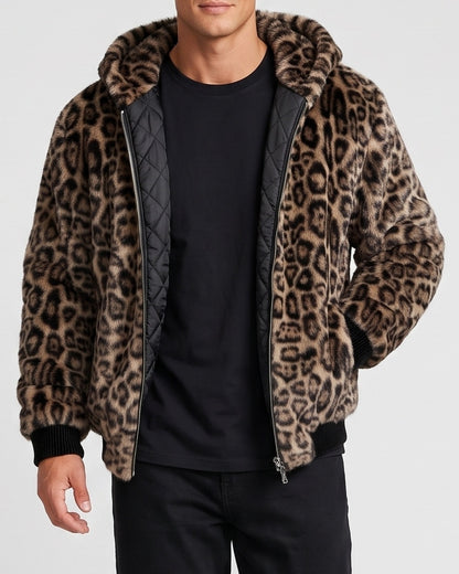 KZZ Men's Retro Leopard Print Fleece Zip-Up Hoodie