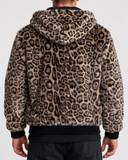 KZZ Men's Retro Leopard Print Fleece Zip-Up Hoodie