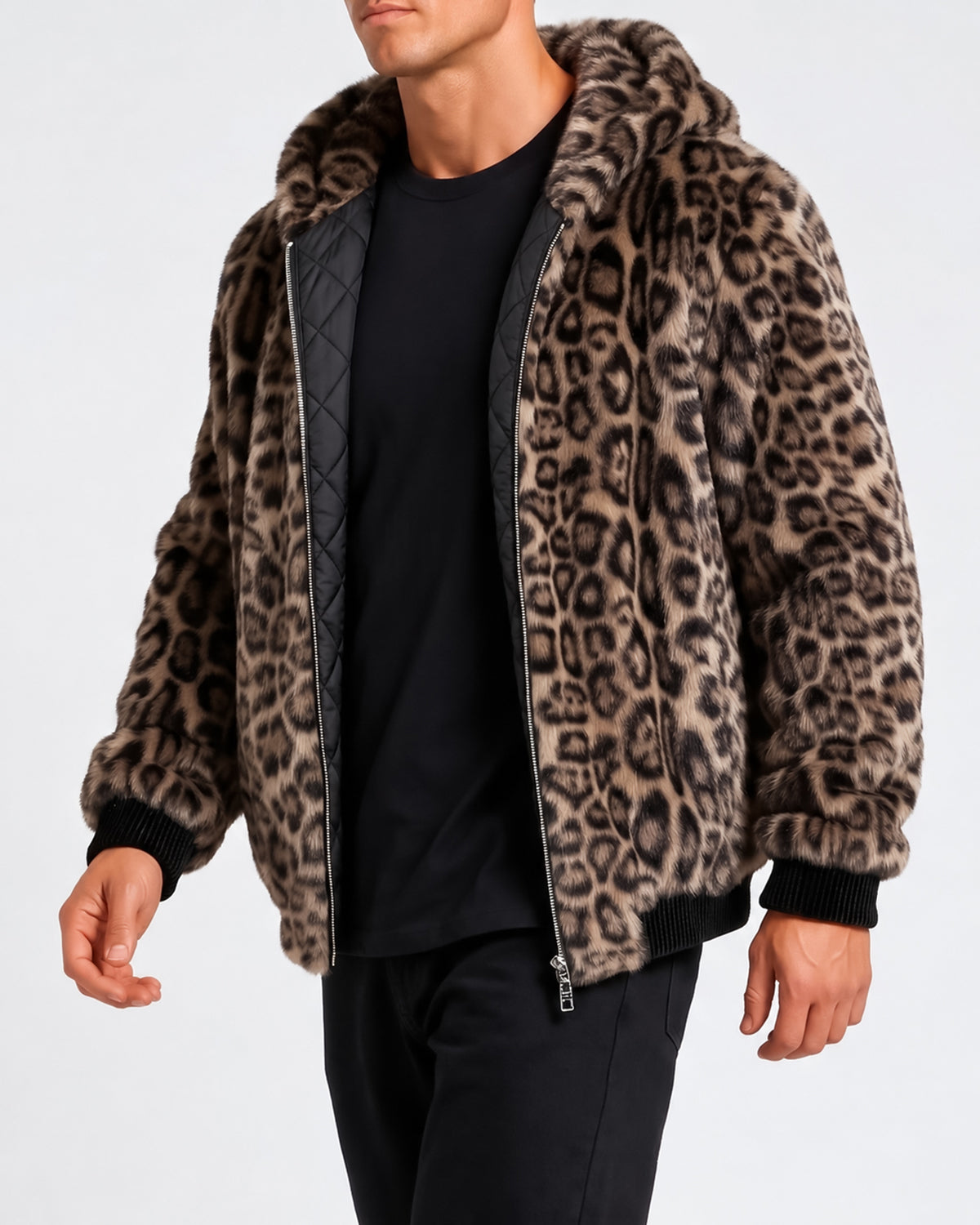 KZZ Men's Retro Leopard Print Fleece Zip-Up Hoodie