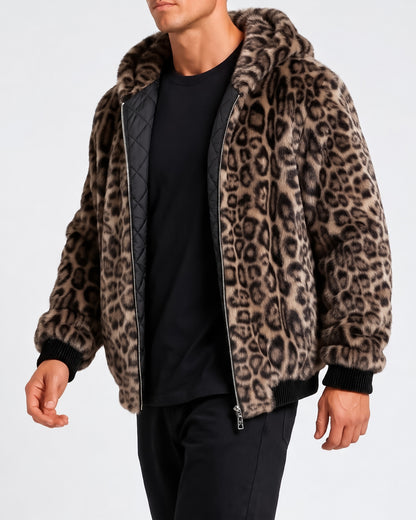 KZZ Men's Retro Leopard Print Fleece Zip-Up Hoodie