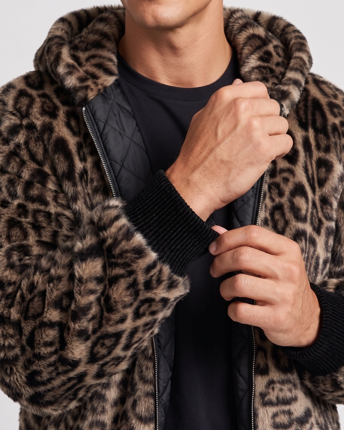 KZZ Men's Retro Leopard Print Fleece Zip-Up Hoodie