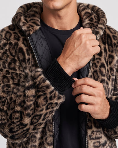 KZZ Men's Retro Leopard Print Fleece Zip-Up Hoodie