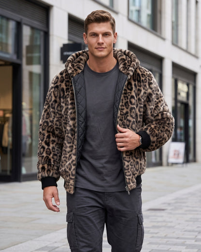 KZZ Men's Retro Leopard Print Fleece Zip-Up Hoodie