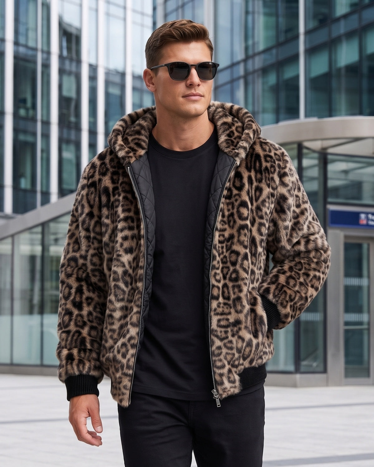 KZZ Men's Retro Leopard Print Fleece Zip-Up Hoodie