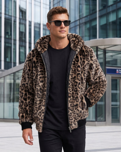 KZZ Men's Retro Leopard Print Fleece Zip-Up Hoodie