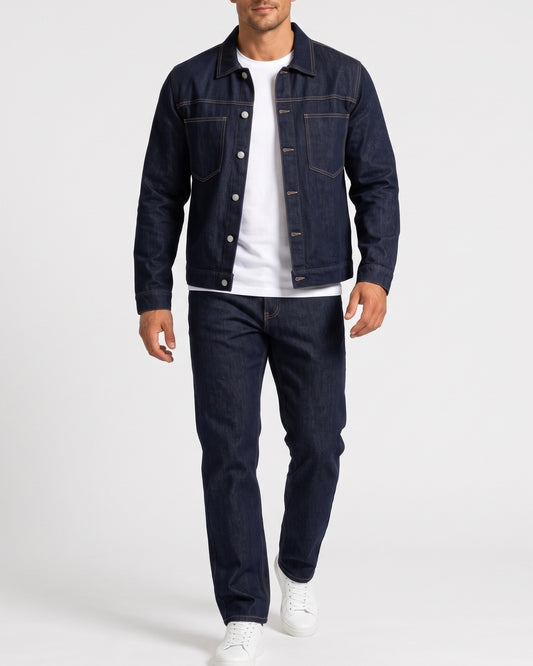 KZZ Men's denim two-piece casual jacket paired with wide-leg pants
