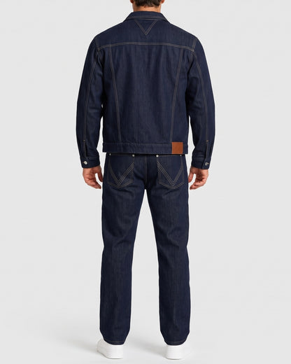 KZZ Men's denim two-piece casual jacket paired with wide-leg pants