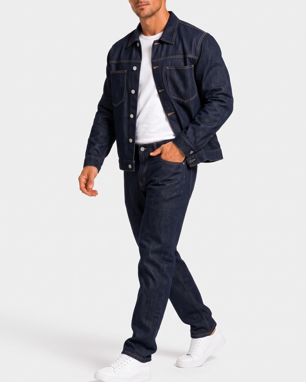 KZZ Men's denim two-piece casual jacket paired with wide-leg pants