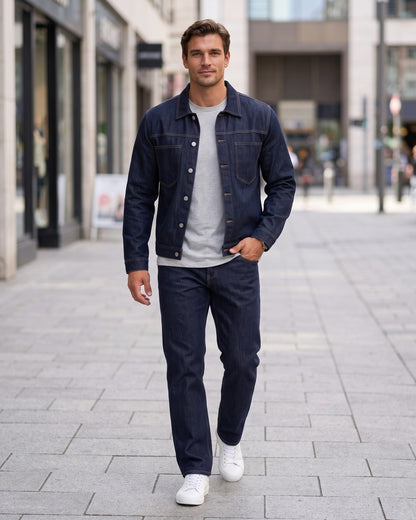 KZZ Men's denim two-piece casual jacket paired with wide-leg pants