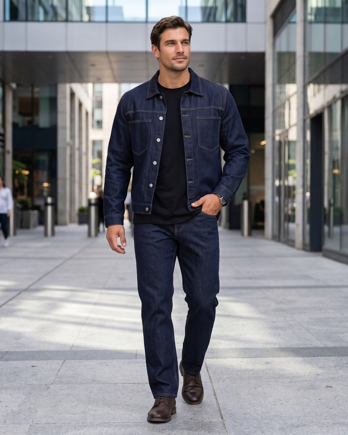 KZZ Men's denim two-piece casual jacket paired with wide-leg pants