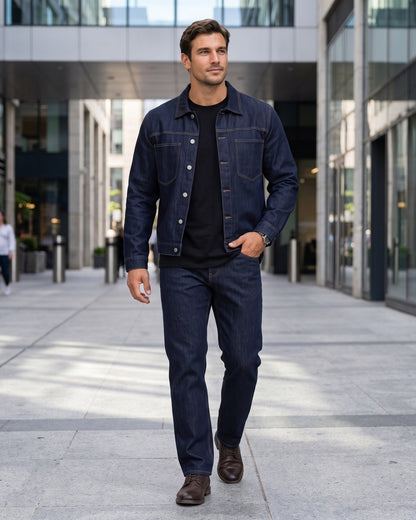 KZZ Men's denim two-piece casual jacket paired with wide-leg pants