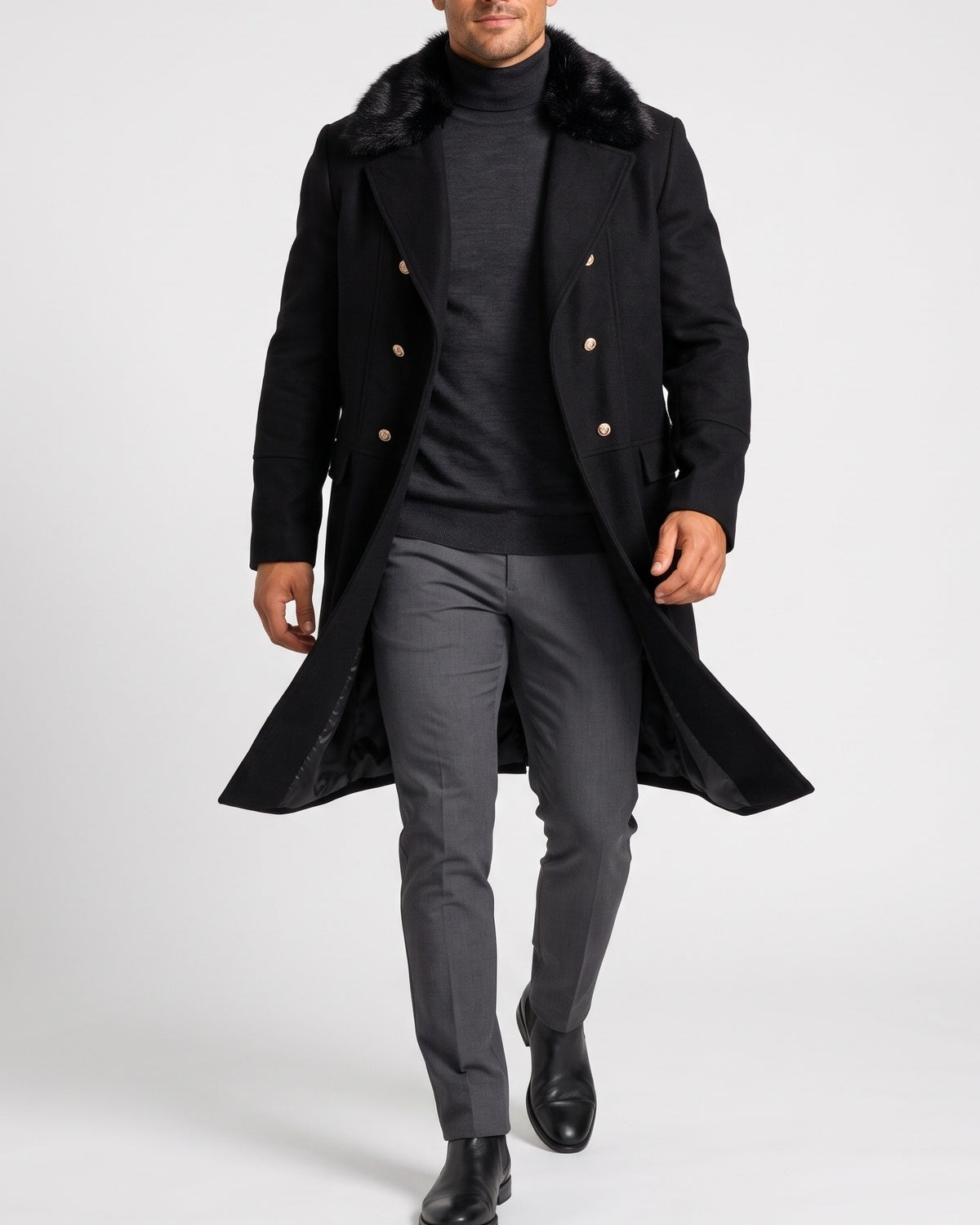 KZZ Men's double-breasted lapel long trench coat