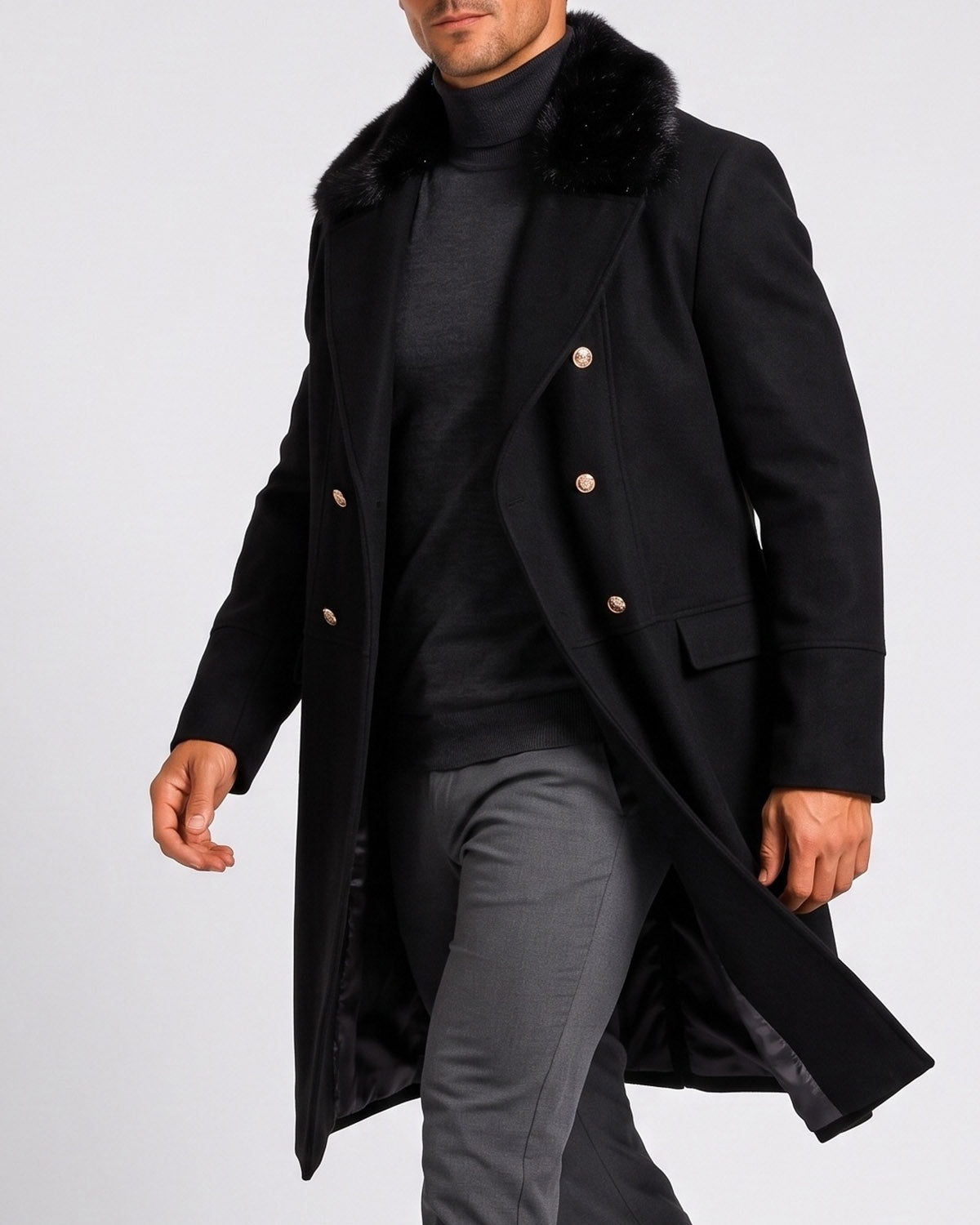 KZZ Men's double-breasted lapel long trench coat