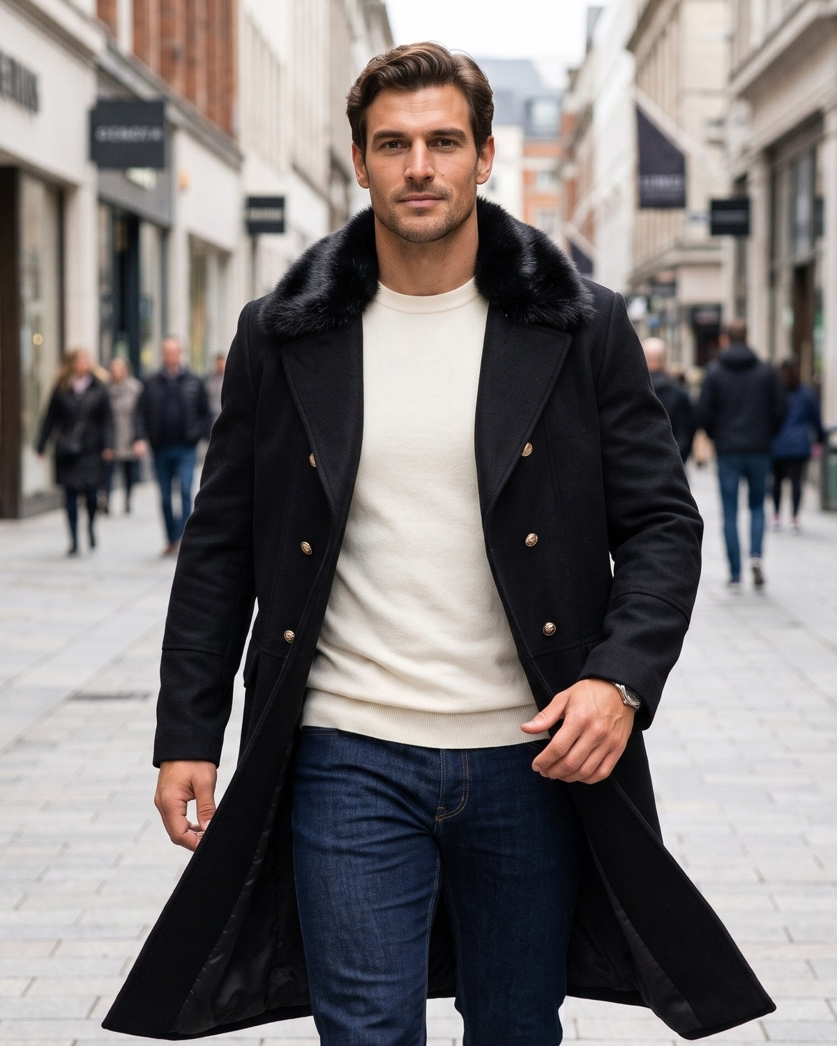 KZZ Men's double-breasted lapel long trench coat