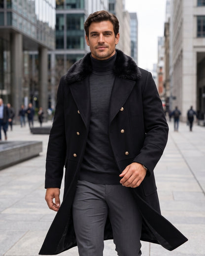 KZZ Men's double-breasted lapel long trench coat