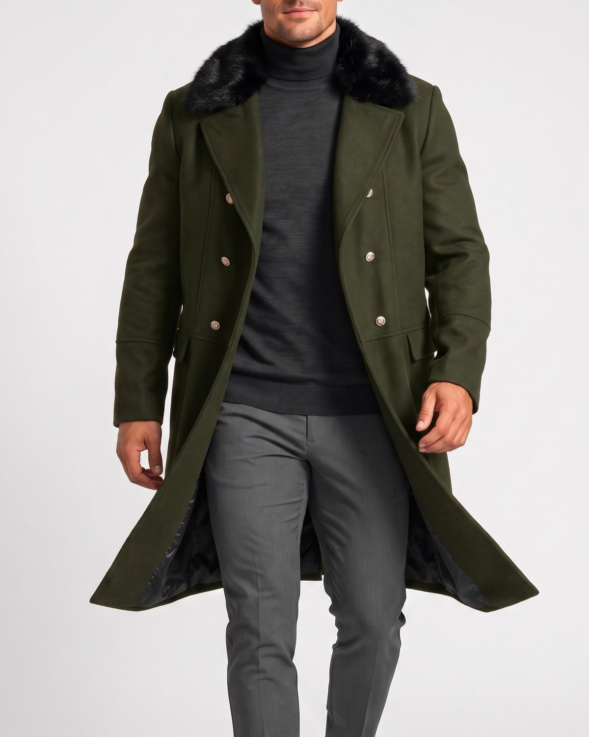 KZZ Men's double-breasted lapel long trench coat