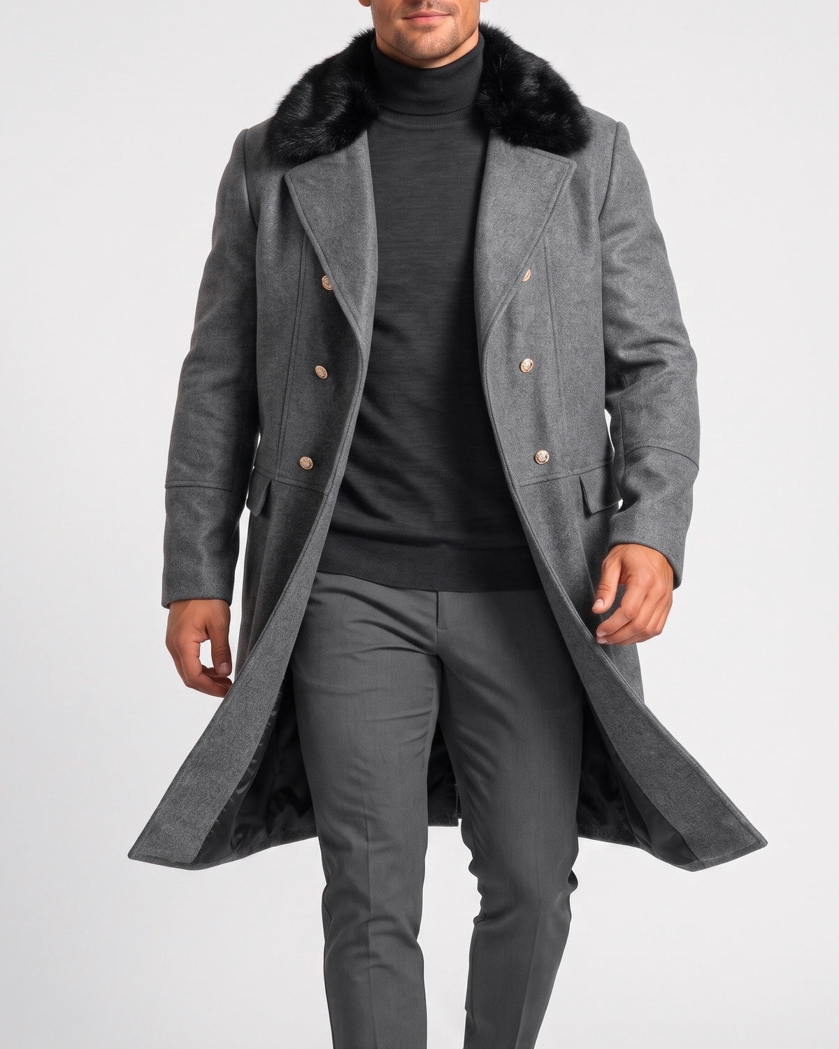 KZZ Men's double-breasted lapel long trench coat