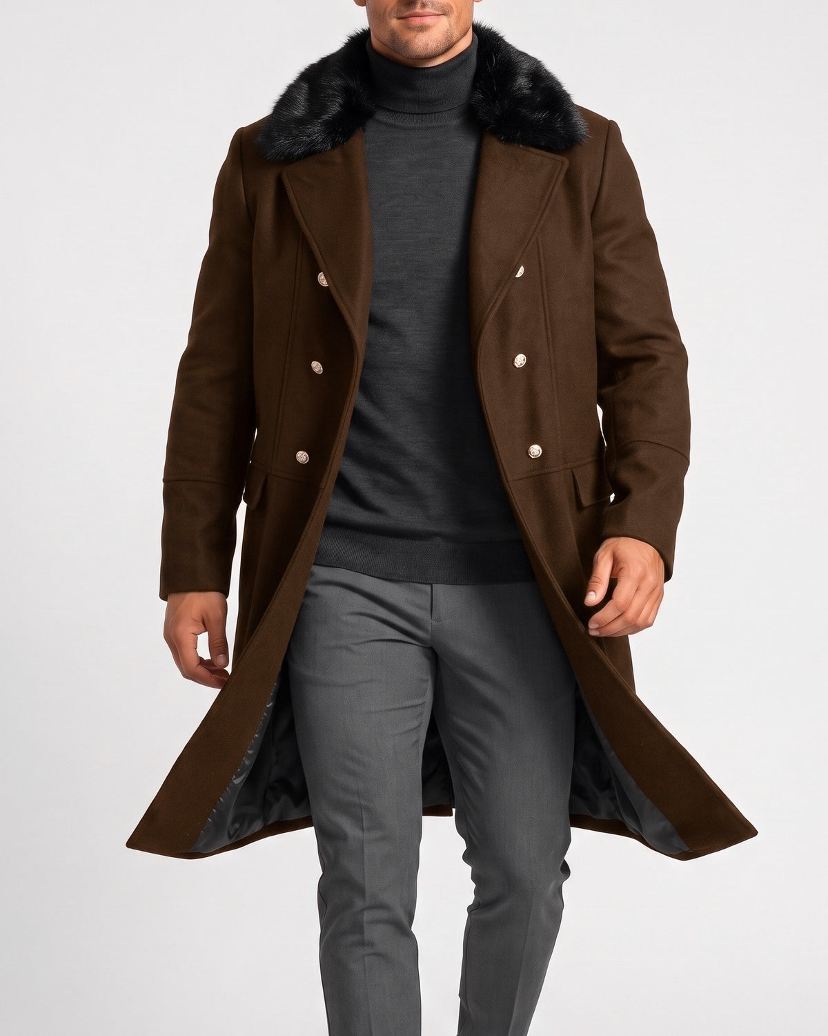 KZZ Men's double-breasted lapel long trench coat