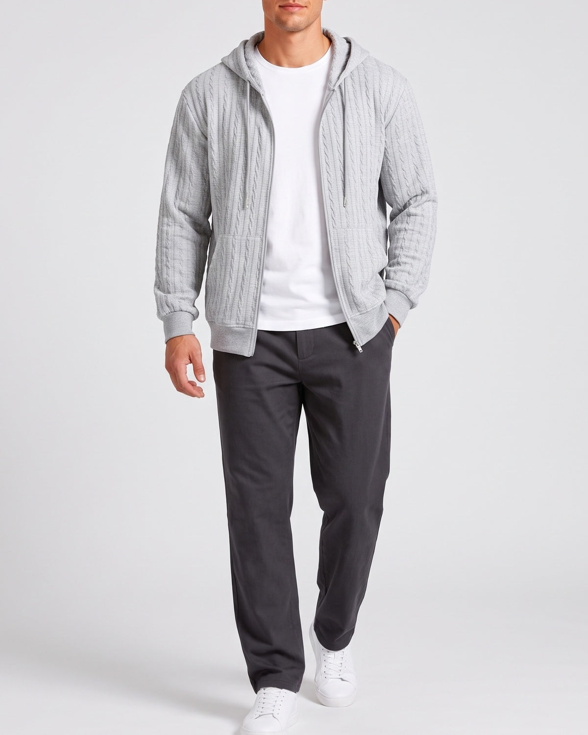 KZZ Men’s Jacquard Cable-Knit Zip-Up Hoodie