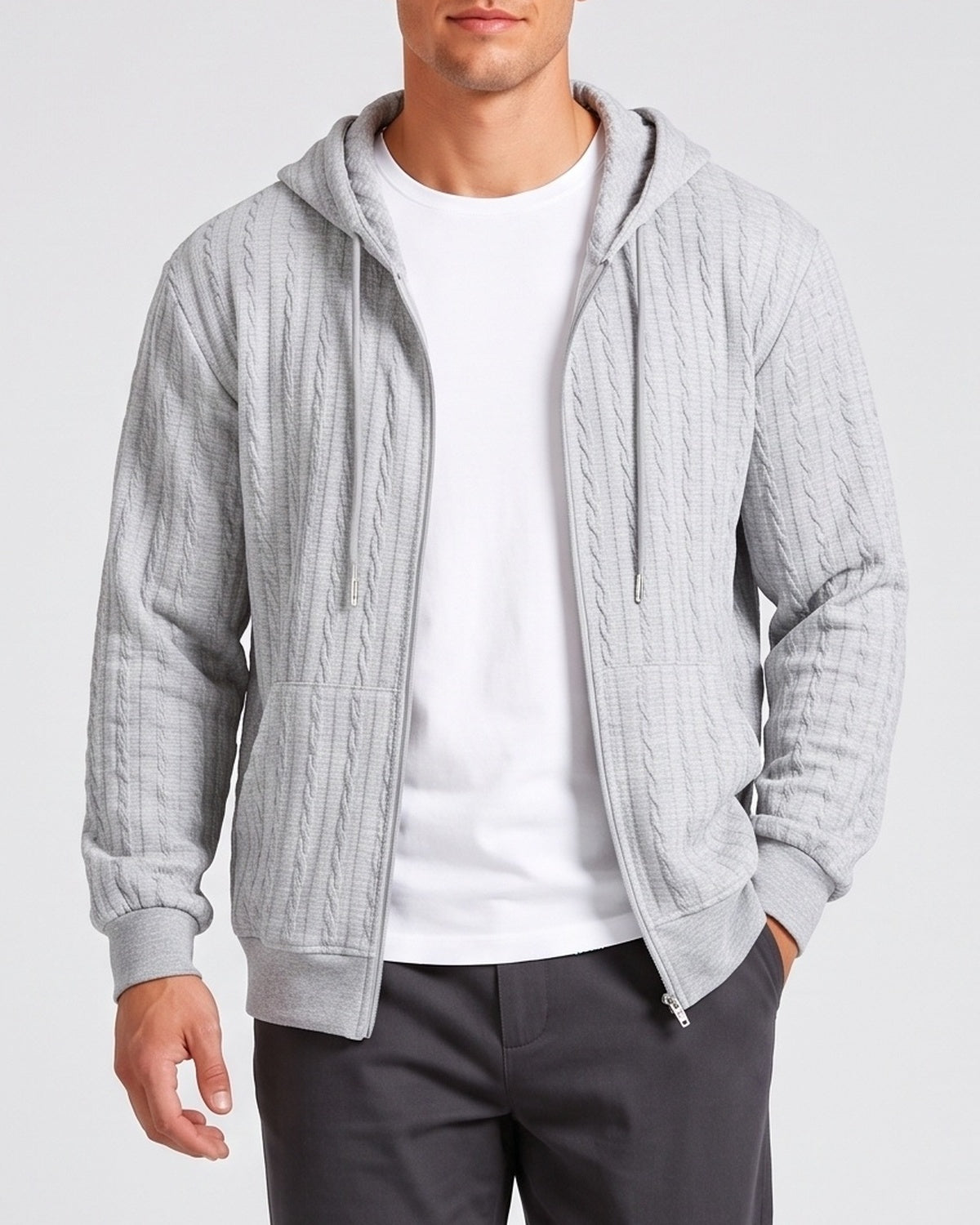 KZZ Men’s Jacquard Cable-Knit Zip-Up Hoodie