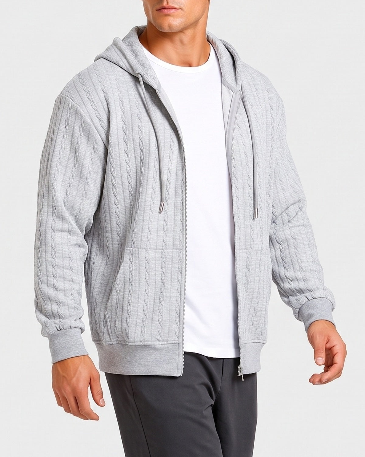 KZZ Men’s Jacquard Cable-Knit Zip-Up Hoodie