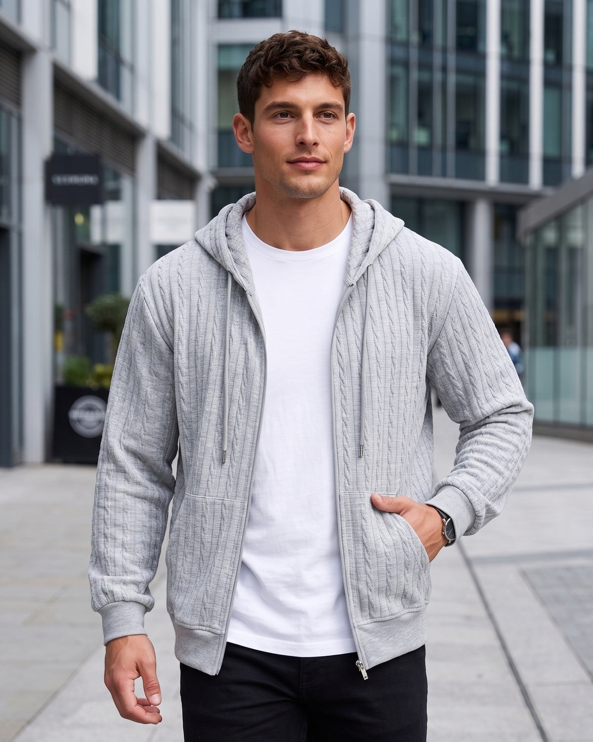 KZZ Men’s Jacquard Cable-Knit Zip-Up Hoodie
