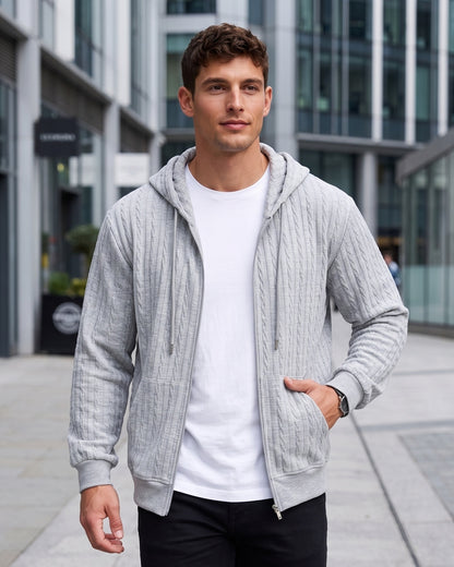 KZZ Men’s Jacquard Cable-Knit Zip-Up Hoodie