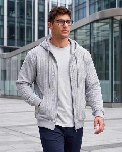 KZZ Men’s Jacquard Cable-Knit Zip-Up Hoodie