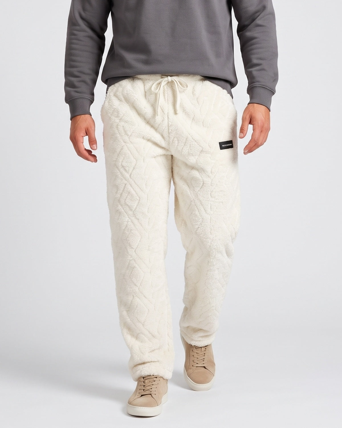 KZZ Men's Knitted Jacquard Wide-Leg Thickened Warm Fleece Drawstring Sports Pants