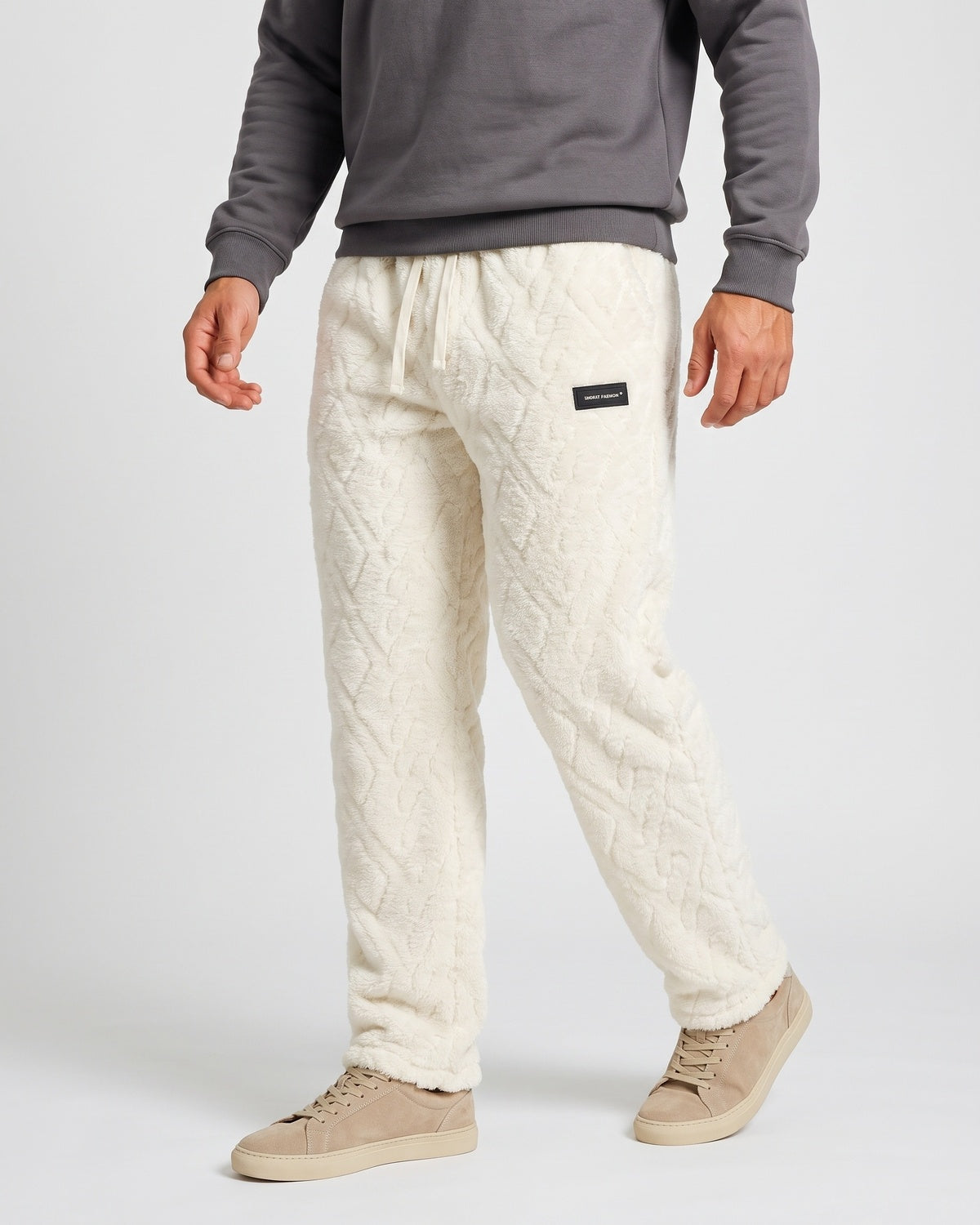 KZZ Men's Knitted Jacquard Wide-Leg Thickened Warm Fleece Drawstring Sports Pants