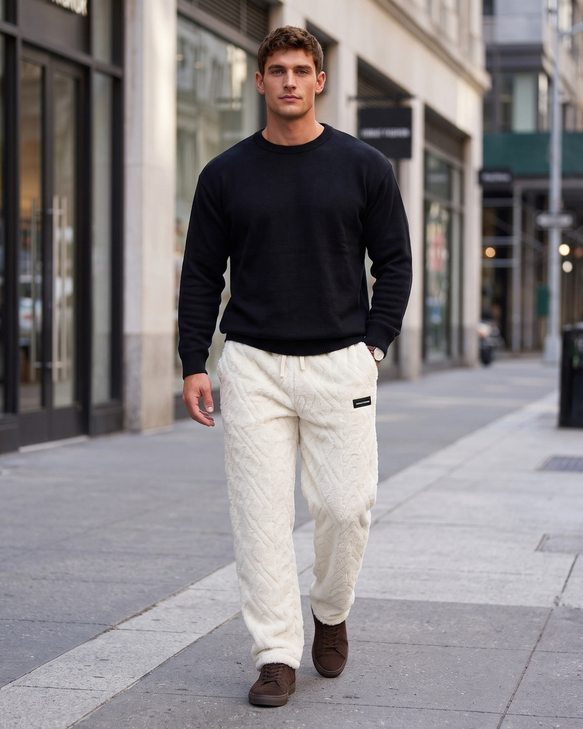 KZZ Men's Knitted Jacquard Wide-Leg Thickened Warm Fleece Drawstring Sports Pants
