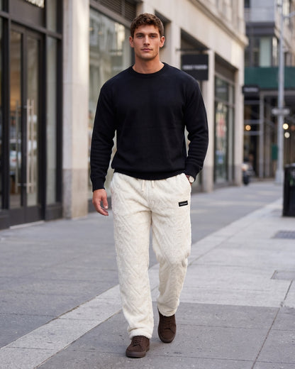 KZZ Men's Knitted Jacquard Wide-Leg Thickened Warm Fleece Drawstring Sports Pants