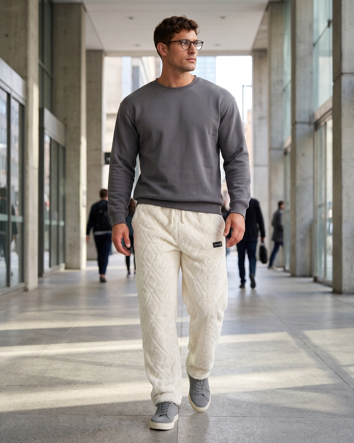 KZZ Men's Knitted Jacquard Wide-Leg Thickened Warm Fleece Drawstring Sports Pants