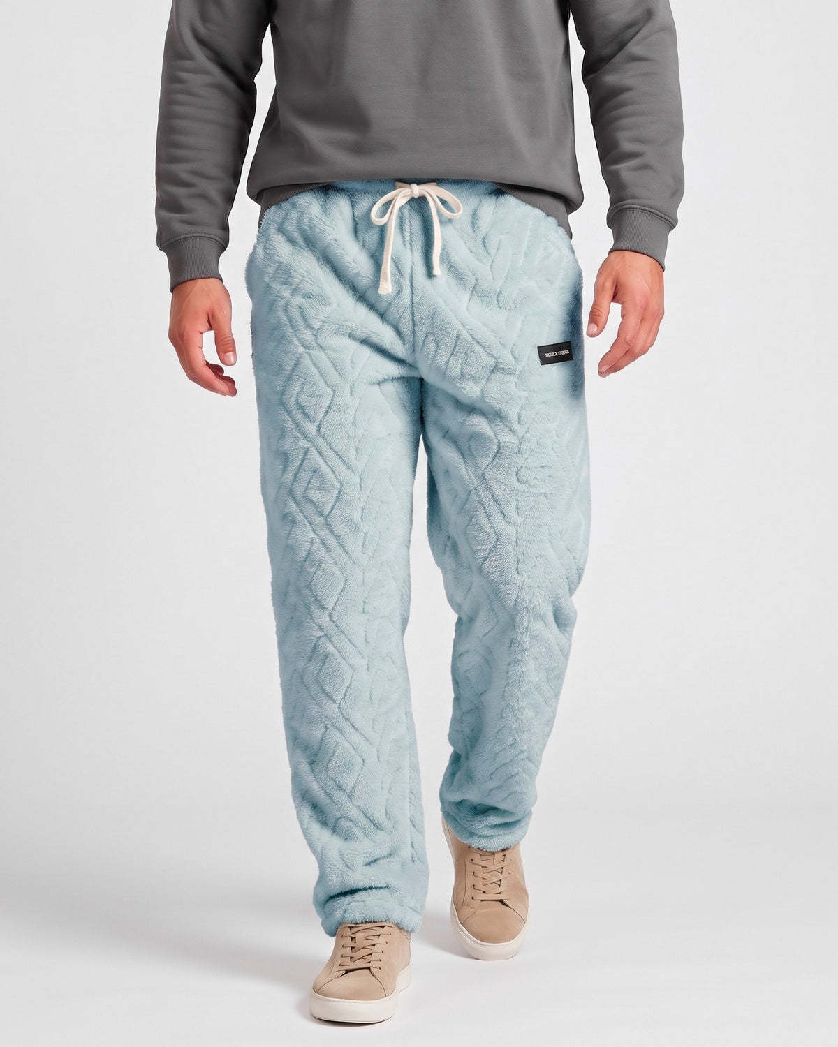 KZZ Men's Knitted Jacquard Wide-Leg Thickened Warm Fleece Drawstring Sports Pants