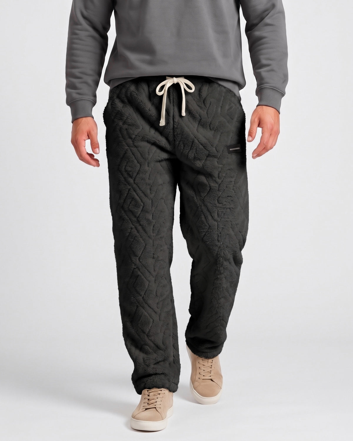 KZZ Men's Knitted Jacquard Wide-Leg Thickened Warm Fleece Drawstring Sports Pants