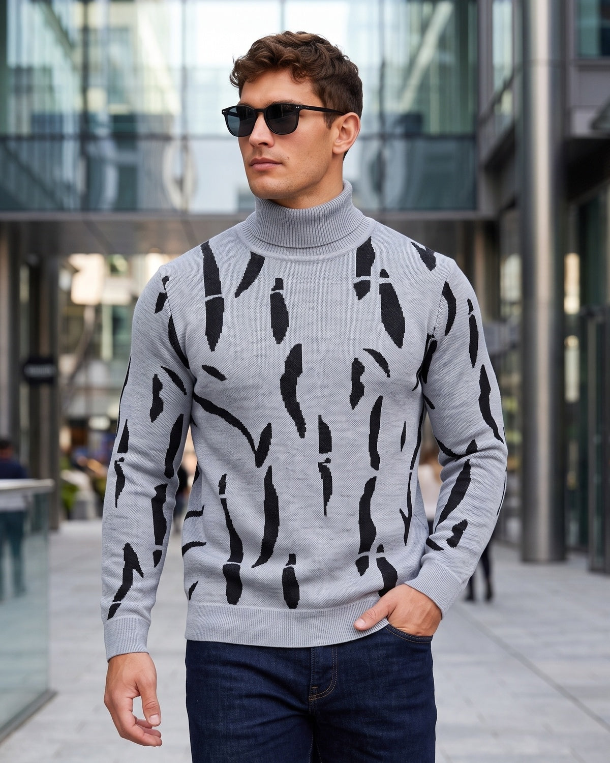 KZZ  Men's new autumn/winter turtleneck pullover striped printed base layer sweater