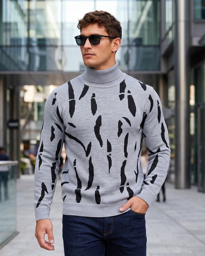 KZZ  Men's new autumn/winter turtleneck pullover striped printed base layer sweater