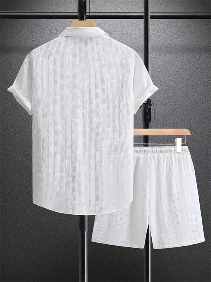 KZZ Men's Pure Color Textured Short Sleeve and Shorts Summer Suit