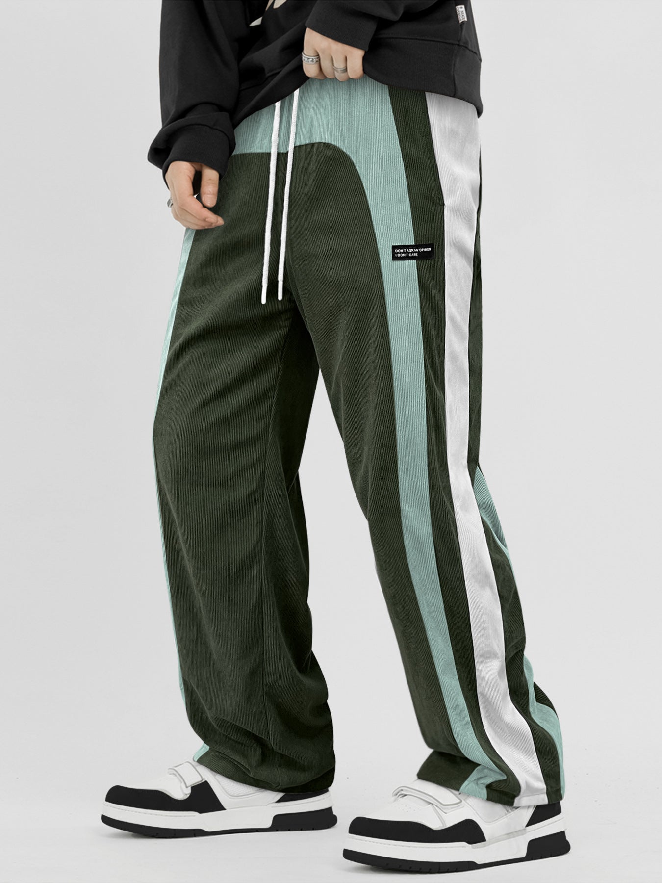 KZZ Men's Colorblock Letter Patched Drawstring Waist Corduroy Pants