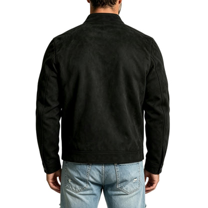 KZZ Suede stand-up collar motorcycle jacket for men, multi-zipper casual style