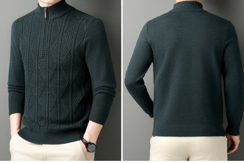 KZZ Men's solid color quarter-zip stand collar knit long-sleeved top