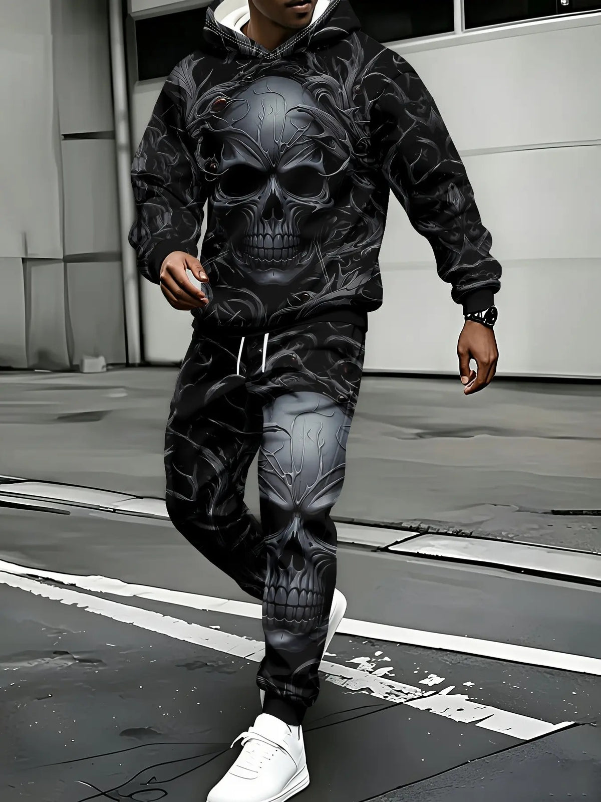 KZZ Men's Halloween Skull Print Hoodie and Pants Set